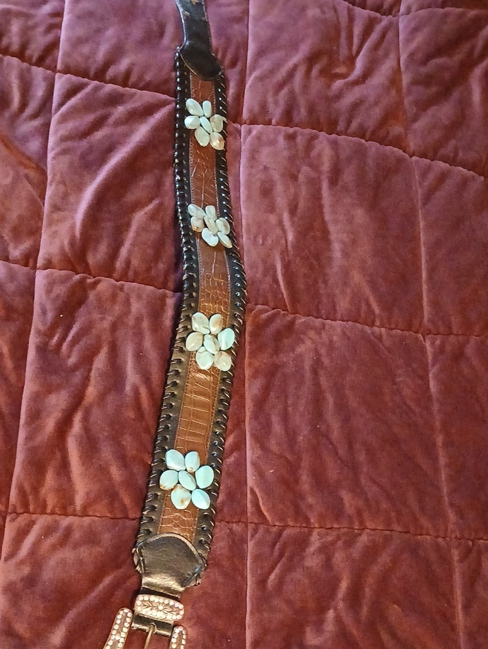 Source Unknown Brown Leather Belt with Turquoise Flower Details